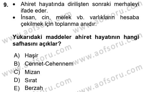 İslam İnanç Esasları Dersi 2024 - 2025 Yılı (Final) Dönem Sonu Sınav Soruları 9. Soru