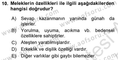 İslam İnanç Esasları Dersi 2024 - 2025 Yılı Yaz Okulu Sınav Soruları 10. Soru