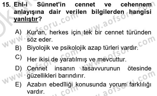İslam İnanç Esasları Dersi 2024 - 2025 Yılı Yaz Okulu Sınav Soruları 15. Soru
