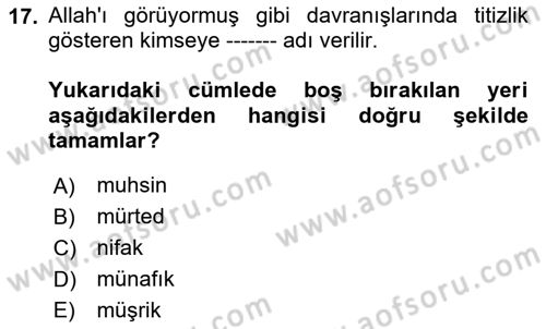 İslam İnanç Esasları Dersi 2024 - 2025 Yılı Yaz Okulu Sınav Soruları 17. Soru