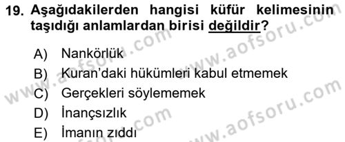 İslam İnanç Esasları Dersi 2024 - 2025 Yılı Yaz Okulu Sınav Soruları 19. Soru