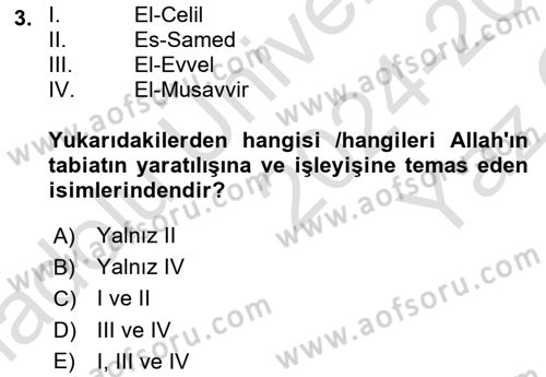 İslam İnanç Esasları Dersi 2024 - 2025 Yılı Yaz Okulu Sınav Soruları 3. Soru