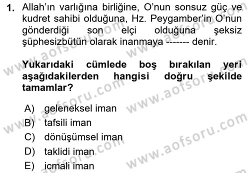 İslam İnanç Esasları Dersi 2025 - 2026 Yılı (Vize) Ara Sınav Soruları 1. Soru