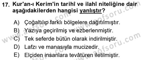 İslam İnanç Esasları Dersi 2025 - 2026 Yılı (Vize) Ara Sınav Soruları 17. Soru