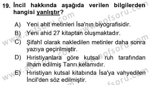 İslam İnanç Esasları Dersi 2025 - 2026 Yılı (Vize) Ara Sınav Soruları 19. Soru