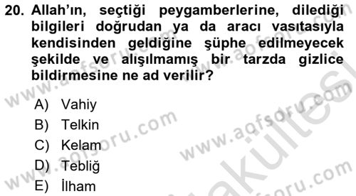 İslam İnanç Esasları Dersi 2025 - 2026 Yılı (Vize) Ara Sınav Soruları 20. Soru