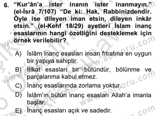 İslam İnanç Esasları Dersi 2025 - 2026 Yılı (Vize) Ara Sınav Soruları 6. Soru