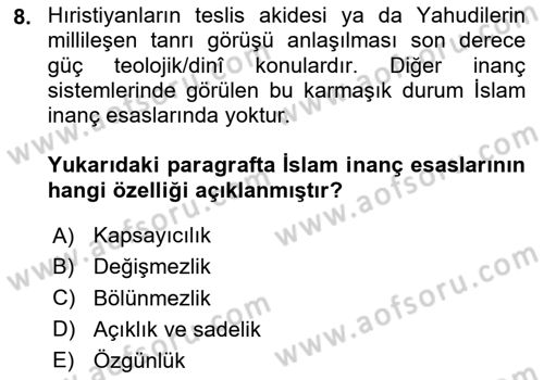 İslam İnanç Esasları Dersi 2025 - 2026 Yılı (Vize) Ara Sınav Soruları 8. Soru