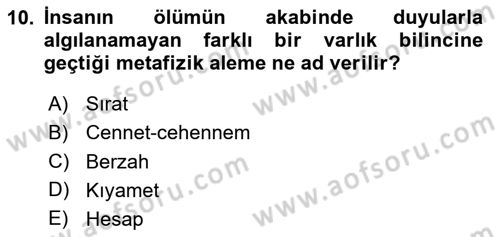 İslam İnanç Esasları Dersi 2025 - 2026 Yılı (Final) Dönem Sonu Sınav Soruları 10. Soru