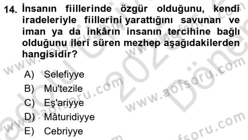 İslam İnanç Esasları Dersi 2025 - 2026 Yılı (Final) Dönem Sonu Sınav Soruları 14. Soru