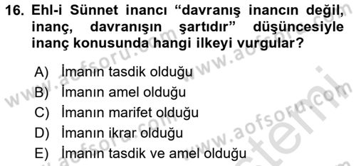 İslam İnanç Esasları Dersi 2025 - 2026 Yılı (Final) Dönem Sonu Sınav Soruları 16. Soru