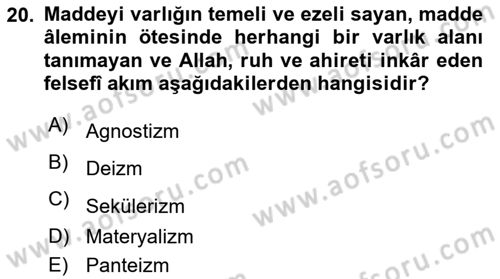 İslam İnanç Esasları Dersi 2025 - 2026 Yılı (Final) Dönem Sonu Sınav Soruları 20. Soru