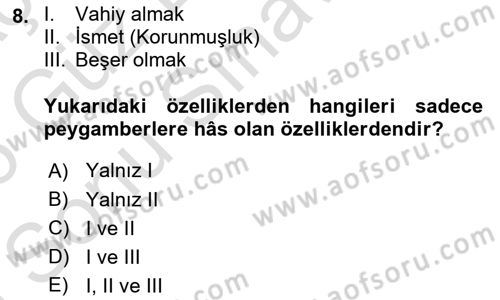 İslam İnanç Esasları Dersi 2025 - 2026 Yılı (Final) Dönem Sonu Sınav Soruları 8. Soru