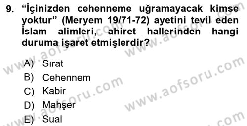 İslam İnanç Esasları Dersi 2025 - 2026 Yılı (Final) Dönem Sonu Sınav Soruları 9. Soru