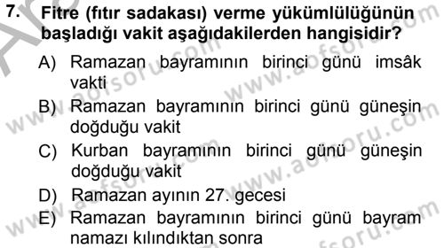 İslam İbadet Esasları Dersi 2012 - 2013 Yılı (Vize) Ara Sınav Soruları 7. Soru