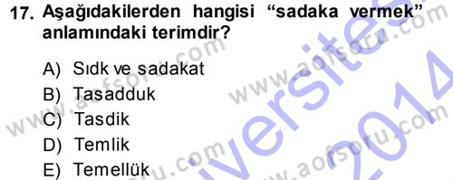 İslam İbadet Esasları Dersi Ara Sınavı Deneme Sınav Soruları 17. Soru