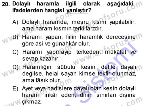 İslam İbadet Esasları Dersi 2013 - 2014 Yılı (Final) Dönem Sonu Sınav Soruları 20. Soru