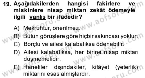 İslam İbadet Esasları Dersi Ara Sınavı Deneme Sınav Soruları 19. Soru