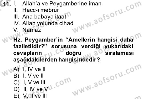 İslam İbadet Esasları Dersi 2014 - 2015 Yılı (Final) Dönem Sonu Sınav Soruları 11. Soru