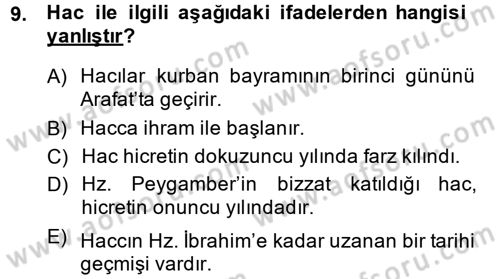 İslam İbadet Esasları Dersi 2014 - 2015 Yılı (Final) Dönem Sonu Sınav Soruları 9. Soru