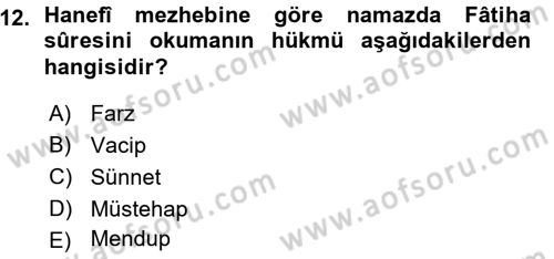 İslam İbadet Esasları Dersi Ara Sınavı Deneme Sınav Soruları 12. Soru