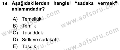 İslam İbadet Esasları Dersi Ara Sınavı Deneme Sınav Soruları 14. Soru
