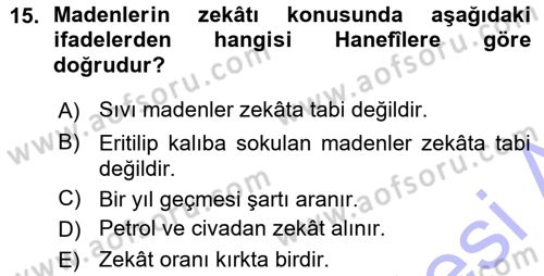 İslam İbadet Esasları Dersi 2015 - 2016 Yılı (Vize) Ara Sınav Soruları 15. Soru