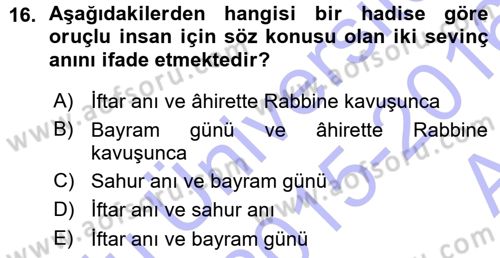 İslam İbadet Esasları Dersi Ara Sınavı Deneme Sınav Soruları 16. Soru