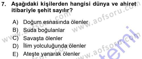 İslam İbadet Esasları Dersi Ara Sınavı Deneme Sınav Soruları 7. Soru