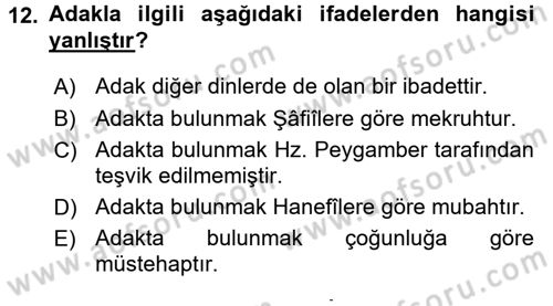 İslam İbadet Esasları Dersi 2015 - 2016 Yılı (Final) Dönem Sonu Sınav Soruları 12. Soru