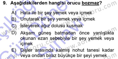 İslam İbadet Esasları Dersi 2015 - 2016 Yılı (Final) Dönem Sonu Sınav Soruları 9. Soru