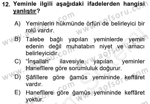 İslam İbadet Esasları Dersi 2015 - 2016 Yılı Tek Ders Sınav Soruları 12. Soru