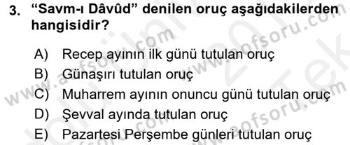 İslam İbadet Esasları Dersi 2015 - 2016 Yılı Tek Ders Sınav Soruları 3. Soru