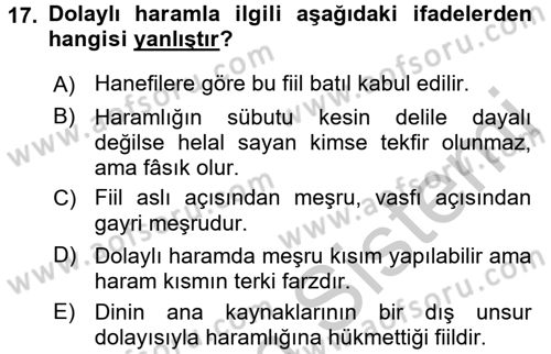 İslam İbadet Esasları Dersi 2016 - 2017 Yılı 3 Ders Sınav Soruları 17. Soru