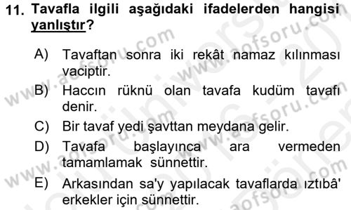 İslam İbadet Esasları Dersi 2016 - 2017 Yılı (Final) Dönem Sonu Sınav Soruları 11. Soru