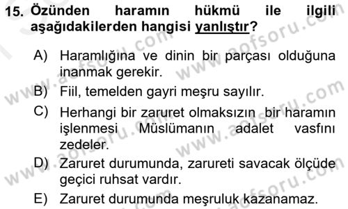 İslam İbadet Esasları Dersi 2016 - 2017 Yılı (Final) Dönem Sonu Sınav Soruları 15. Soru