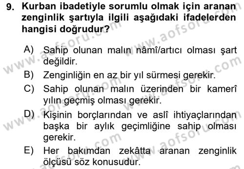 İslam İbadet Esasları Dersi 2016 - 2017 Yılı (Final) Dönem Sonu Sınav Soruları 9. Soru