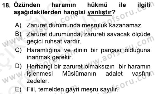 İslam İbadet Esasları Dersi 2017 - 2018 Yılı 3 Ders Sınav Soruları 18. Soru