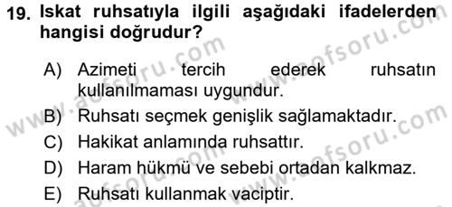 İslam İbadet Esasları Dersi 2017 - 2018 Yılı 3 Ders Sınav Soruları 19. Soru