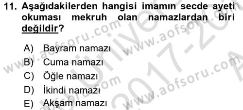 İslam İbadet Esasları Dersi Ara Sınavı Deneme Sınav Soruları 11. Soru