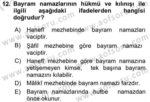 İslam İbadet Esasları Dersi Ara Sınavı Deneme Sınav Soruları 12. Soru