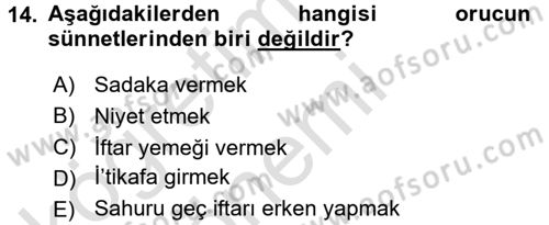 İslam İbadet Esasları Dersi Ara Sınavı Deneme Sınav Soruları 14. Soru