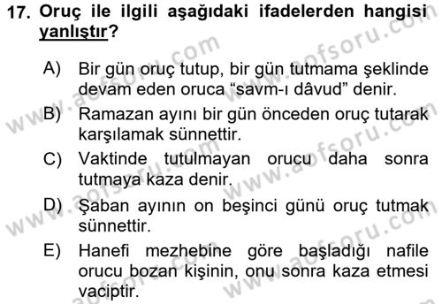 İslam İbadet Esasları Dersi 2017 - 2018 Yılı (Vize) Ara Sınav Soruları 17. Soru