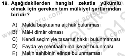 İslam İbadet Esasları Dersi 2017 - 2018 Yılı (Vize) Ara Sınav Soruları 18. Soru