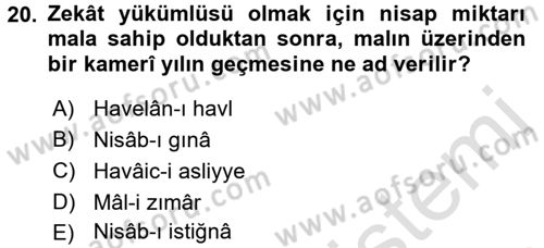 İslam İbadet Esasları Dersi Ara Sınavı Deneme Sınav Soruları 20. Soru