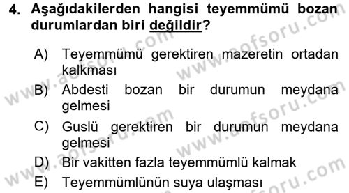 İslam İbadet Esasları Dersi Ara Sınavı Deneme Sınav Soruları 4. Soru