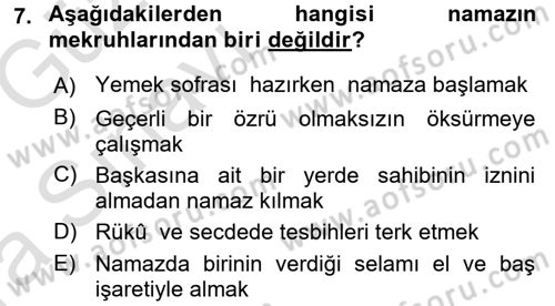 İslam İbadet Esasları Dersi Ara Sınavı Deneme Sınav Soruları 7. Soru