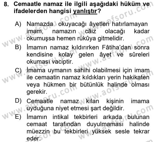 İslam İbadet Esasları Dersi Ara Sınavı Deneme Sınav Soruları 8. Soru