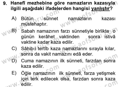 İslam İbadet Esasları Dersi Ara Sınavı Deneme Sınav Soruları 9. Soru