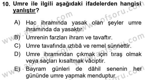 İslam İbadet Esasları Dersi 2017 - 2018 Yılı (Final) Dönem Sonu Sınav Soruları 10. Soru